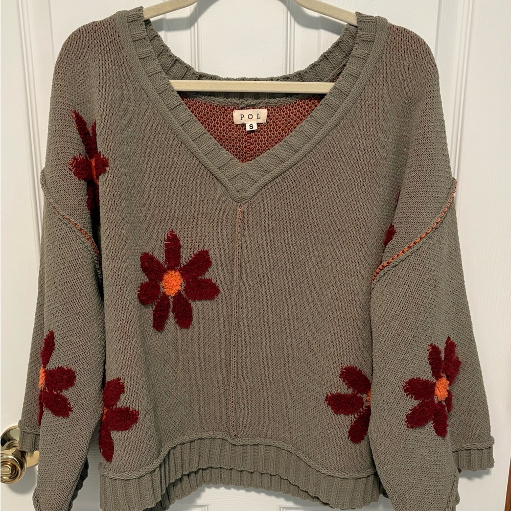 POL Women's V-Neck Sweater in light olive green